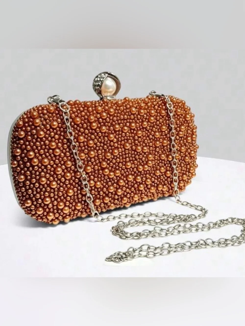 Pearl & Crystal Embellished Clutch - Brown